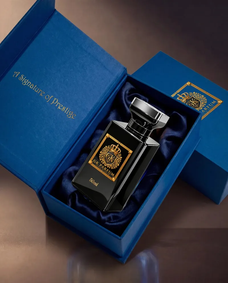 A GK Parfum bottle resting in the blue signature gift box